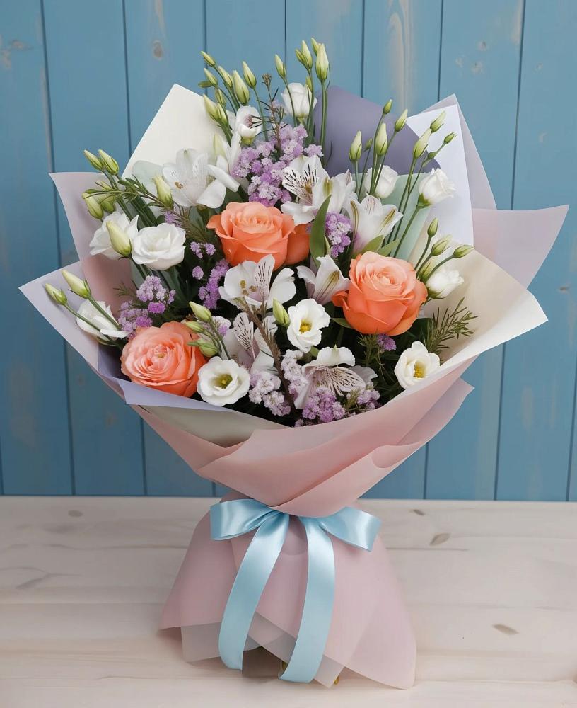 Букет цветов из: Лизиантусы, Розы, Альстромерии и Гипсофила в Мичурине Республика Дагестан